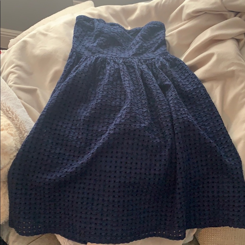 Dark blue strapless eyelet dress